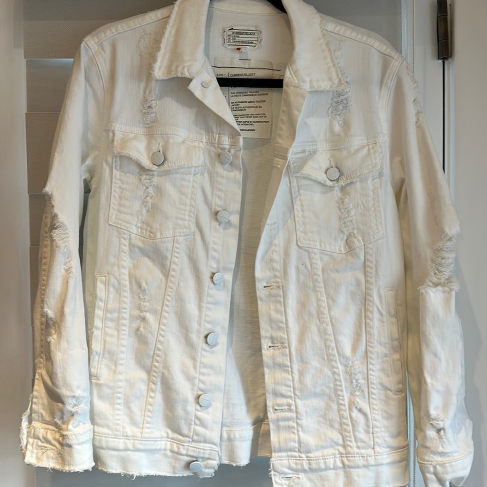 Current Elliott white denim trucker jacket, size 0